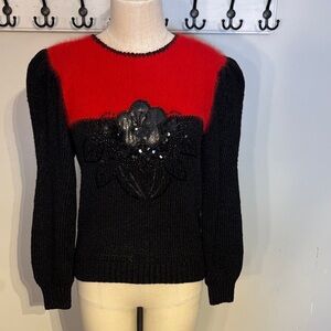 Vintage Women's Red and Black Sweater with Embroidered Floral Detail